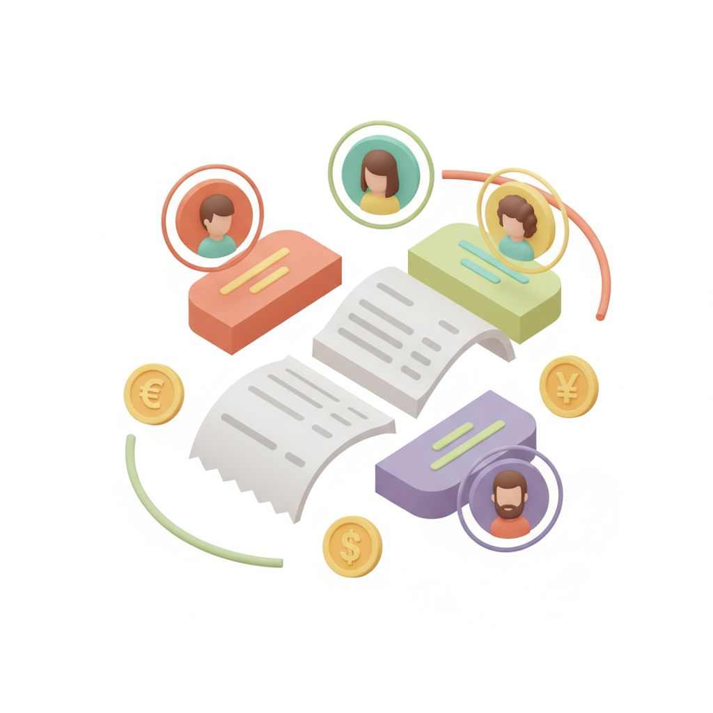Expense splitting illustration showing balanced group debts and multi-currency support
