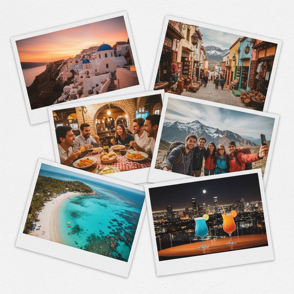 Travel polaroid photo collage showing group memories from different destinations