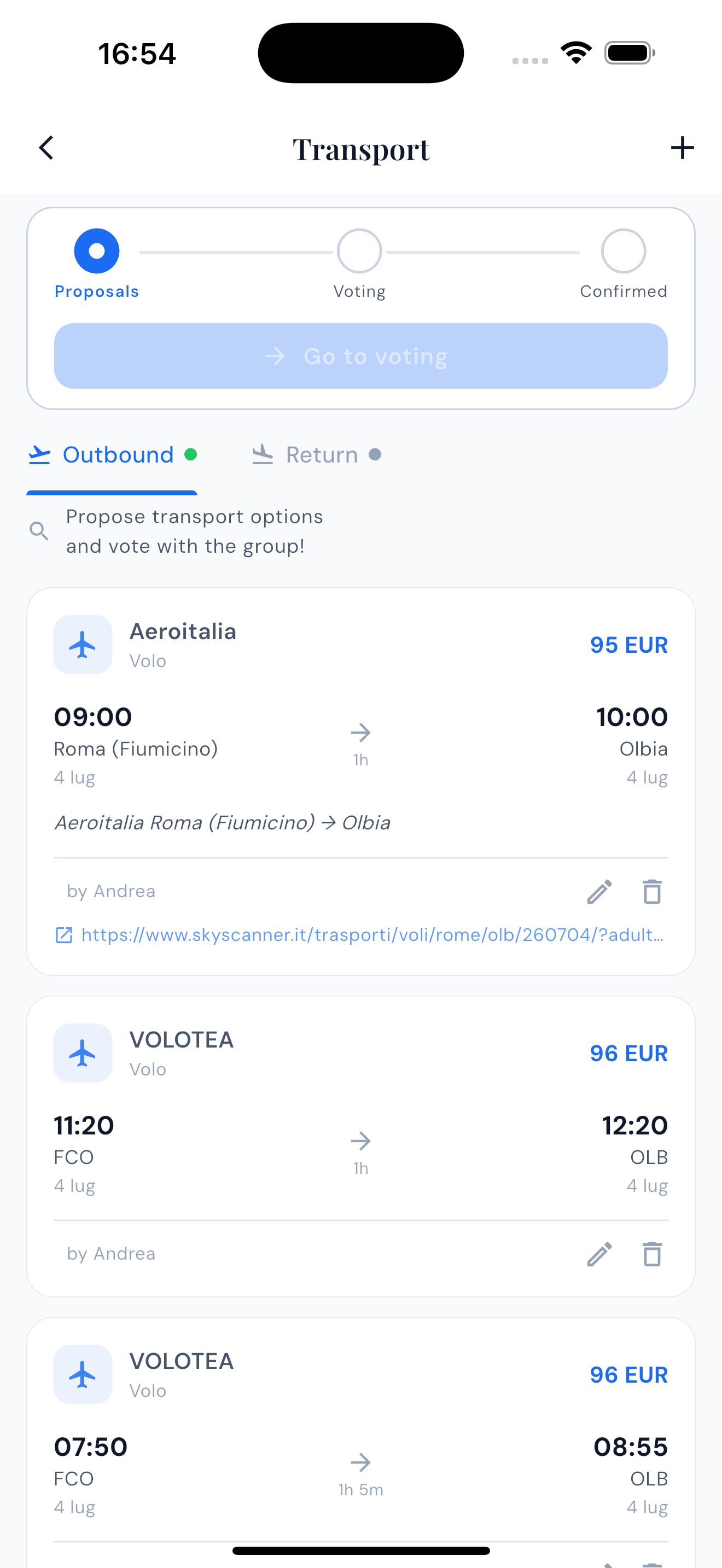 Transport search results comparing flights and trains with prices and durations