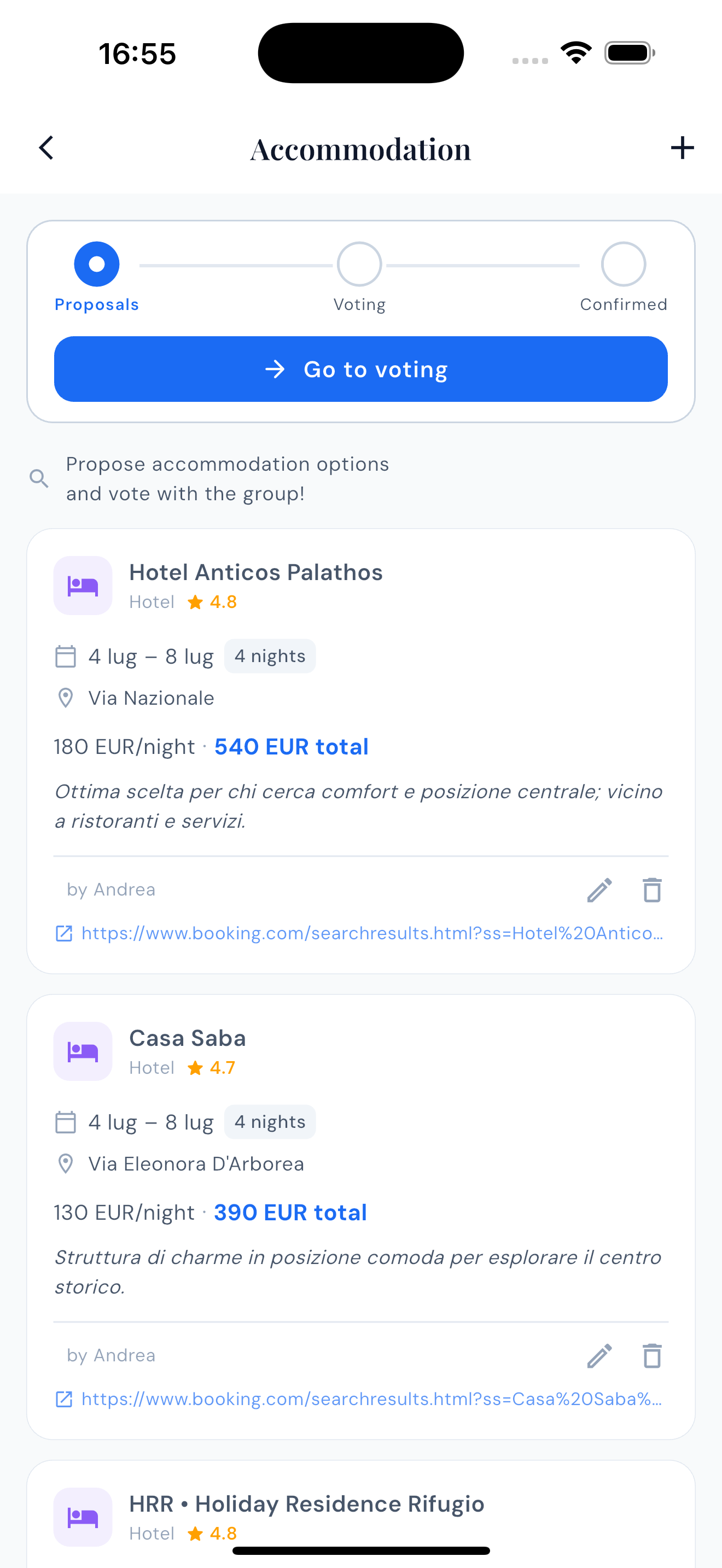Accommodation search showing hotels and apartments with group pricing and amenities