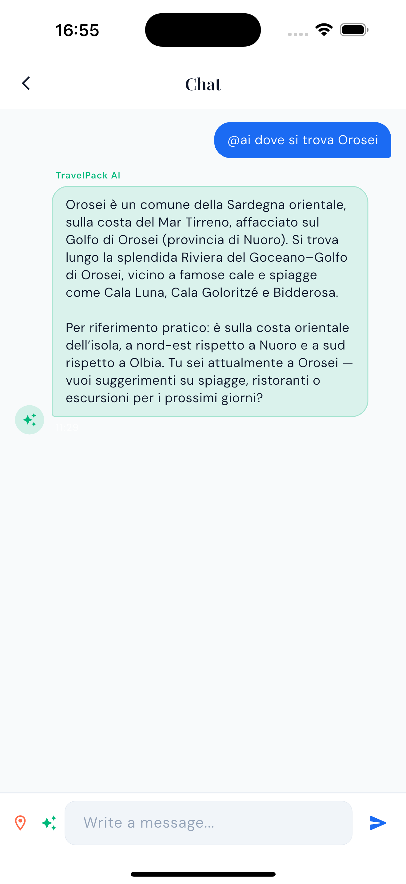 AI chat assistant answering questions about local restaurants, hidden gems, and travel tips
