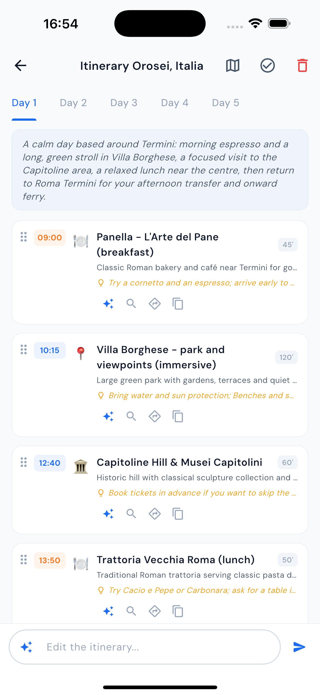 AI-generated day-by-day travel itinerary with points of interest and time slots